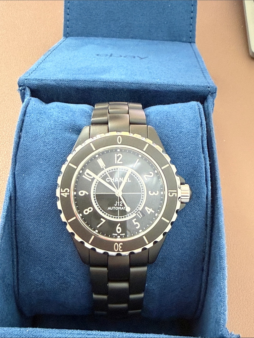 CHANEL Black Ceramic J12 Automatic Watch with Silver Bezel Accents
